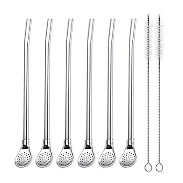 EvaGO Reusable Stainless Steel Drinking Straws with Filter Spoon 6 Pieces with 2 Pieces Cleaning Brushes Set 71in