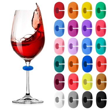 LOVEWEE 24 Pcs Wine Glass Charms Markers Drink Markers Silicone Wine Glass Markers Glass Identifiers for Glass Cup Champagne Flutes Cocktails Martinis
