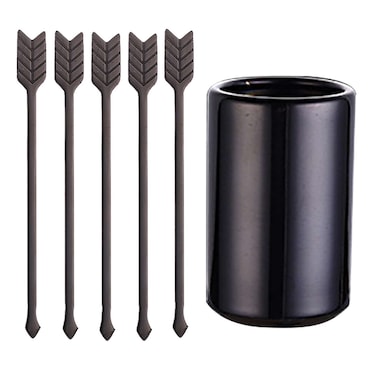 Walbest 5 5Pcs Stainless Steel Coffee Stir Sticks with Stirrers Holder Metal Coffee Stirrer Reusable Beverage Drink Cocktail Stirrer Swizzle Stirring Sticks Black