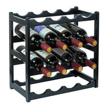 Homevany Bamboo Wine Rack Sturdy and Durable Wine Storage Cabinet Shelf Wine Racks Countertop for Pantry  4 Tiers 16 Bottle Wine Rack Black