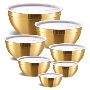 Moxinox Gold Mixing Bowls with Airtight Lids Stainless Steel Nesting Mixing Bowls Set of 7 Ideal for Baking Prepping and Serving Food Size 7 36 27 21 15 1108 QT Stackable Design