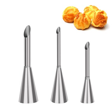 Suuker CreamPiping Tips Stainless Steel Long Cream Puff Nozzle Decor Small Pastry Icing Piping Decorating Tools 3 Pieces