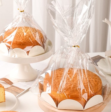 TBUY ROSE Clear Food Storage Bags for Toast Bread Cookies Candy Chocolate Cake Bakery Gift Packaging Cake Tray and Ribbon 20 Pack