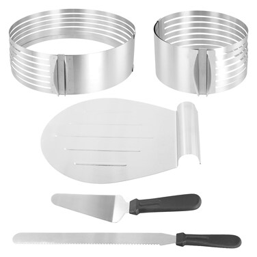 PINGEUI 5PCS Cake Making Supplies Two Stainless Steel Adjustable Cake Cutter Leveler Cake Ring Mold Set 7 Layer Cake Slicer Cutter