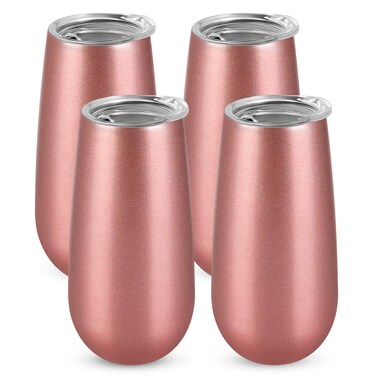 Lifecapido Stemless Double Insulated Champagne Flute Wine Tumbler with Lid 6 Oz Unbreakable Reusable Cocktail Champagne Toasting Glasses set of 4