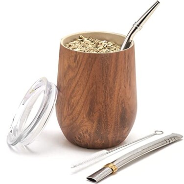 BALIBETOV Modern Mate Cup And Bombilla Set Yerba Mate Cup  Yerba Mate Set includes Double Walled 188 Stainless Steel Mate Tea Cup Two Bombilla Mate Straw Stainless Steel Wood 12oz