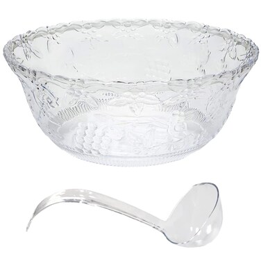 Stay Smart Way Premium Large Clear Punch Bowl Plastic Lightweight 2 Gallon with Clear Plastic Serving Ladle 5 oz Embroidered Design 8 Quart Serving Bowl