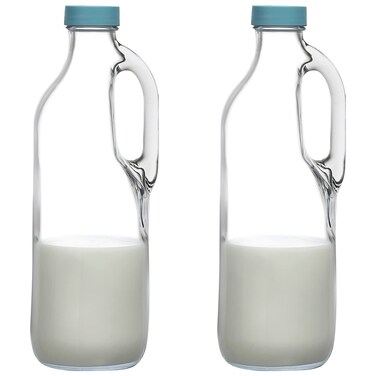 GLASS MONGER 2 Pc 47oz Clear Milk Bottles Pitcher with Handle and Lids  Airtight milk Container for Refrigerator Jug Water Juice Heavy Milk Bottle Liquid Containers for Kitchen