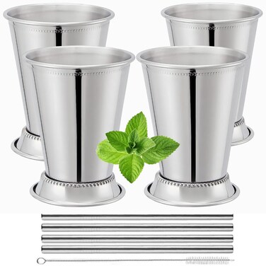 Flavourd Mint Julep Cups Set of 4 with Straws  Stainless Steel Mint Julep Cup  Mint Julep Glasses  12oz Commercial Grade Cups  Metal Cups  2024 Mint Julep Set