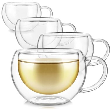 Teabloom Modern Classic Insulated Cups  6 oz  200 ml  Set of 4 Double Walled Glass Cups for Tea or Coffee