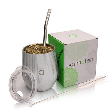 Kalmateh Yerba Mate Gourd  Double Walled Stainless Steel Mate Cup with BPA Free Lid Bombilla Filter Straw  Bombilla Cleaner Marble 8 oz