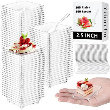 Yihurlm Mini Dessert Plates with Spoons100 Pack 1 oz 24 Mini Appetizer PlatesReusable Crystal Clear Plastic Square Mini Plates for Desserts Appetizers Sauces Fruit Cake Tastings