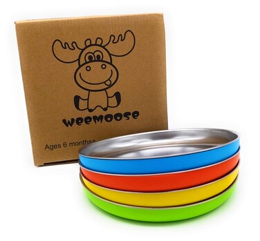 WeeMoose Premium 304 Stainless Steel Plates with Removable Silicone Shell  Set of 4 Plates  Baby Toddler Food Snack Container