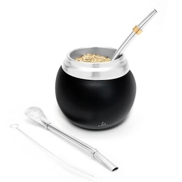 BALIBETOV Yerba Mate Kit  Includes One Yerba Mate Cup and Bombilla Set  Stainless Steel Double Wall Thermal Yerba Mate Gourd and Bombilla Set Mate straw  Easy to clean and maintain Black