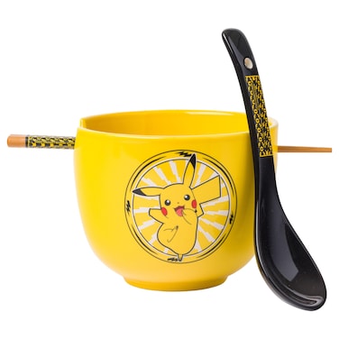 Silver Buffalo Pokemon Pikachu Lightning Ceramic Ramen Bowl with Chopsticks and Spoon 20 Ounces YellowMulti