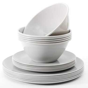 Youngever 18 Pieces Reusable Plastic Kitchen Dinnerware Set Plates 20CM  25CM Bowls 1000ML Service for 6 Grey