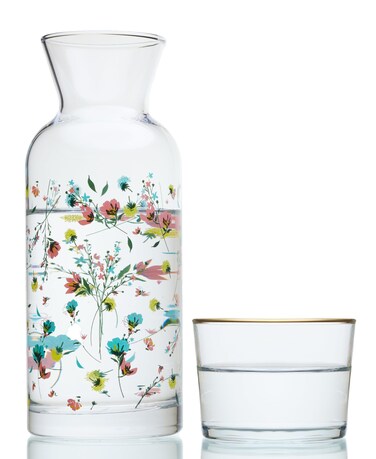 Wrenbury Bedside Water Carafe and Glass Set  700ml Glass Pitcher with Cup  Stylish Decanter Jug for Bedroom and Dining  Flora Design