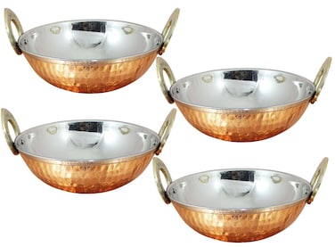 AVS STORES  Set of 4 Indian Copper Serveware Karahi Vegetable Dinner Bowl with Solid Brass Handle for Indian Food Diameter 13 cm 52 Inches