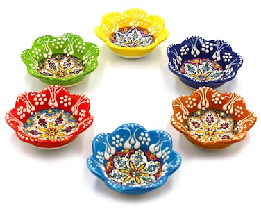 Silver Craft 6 Pcs Daisy Shaped Hand Painted Decorative Serving Turkish Tiny Bowls  Handmade Ceramic Bowl  Set of 6 37 inc95cm 25 Oz Pinch Multicolor Small Serving Bowls  Best Gift Set