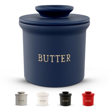 Kook Butter Keeper Dish French Ceramic Crock with Lid Embossed Container For Soft Butter Matte Navy