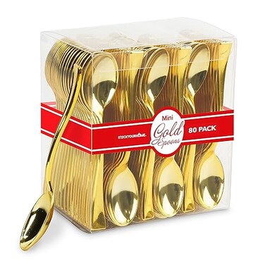 Gold Plastic Mini Spoons Disposable 4 inch 80 Pack Tasting Spoon Dessert Mini spoon for Ice Cream Taster Small Sample Desserts Gelato Sampling Fancy Miniature Pudding Little Appetizers Bulk