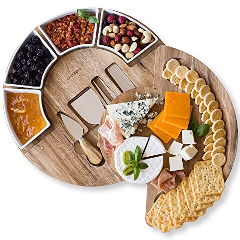 Cheese Board Set  Charcuterie Board Set and Cheese Serving Platter  Made from Acacia Wood  US Patented 13 inch Cheese Cutting Board and Knife Set for Entertaining and Serving  4 Knives and 4 Bowls