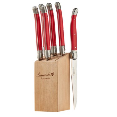 FlyingColors Laguiole Steak Knife Set Micro Serrated Blade Stainless Steel Wood Block Red Color Handle 6 Pieces Red
