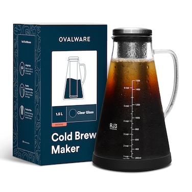ovalware Airtight Cold Brew Iced Coffee Maker  Iced Tea Maker with Spout  15L 51oz RJ3 Brewing Glass Carafe with Removable Stainless Steel Filter