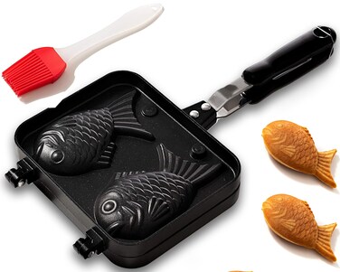 KUHA Taiyaki Pan  Nonstick Fish Shaped Waffle Maker  Aluminum Takoyaki Maker for Fish Cake and Japanese Snacks  Electric Stovetop Compatible Comes with Silicone Oil Brush and Recipe Booklet