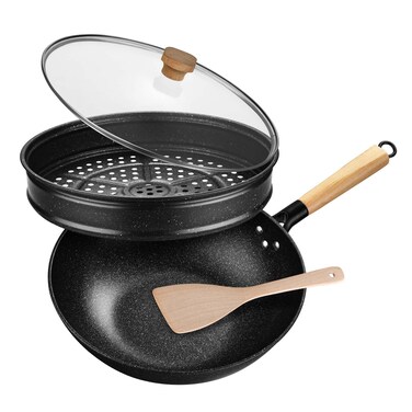 KYTD Nonstick Woks and Stir Fry Pans With Lid Steam Rack Wok Pan With Lid Ceramic Wok with Lid Nonstick Frying Wok Flat Bottom Induction Compatible 125 inch wok