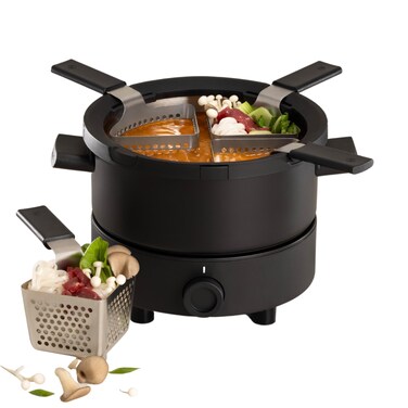 Evolution Mini Electric Fondue Pot Set 16Litre FoodGrade Stainless Steel Broth and Fondue Pot HeatResistant Base Patented Hanging System Adjustable Temperature Control 4 Perforated Baskets