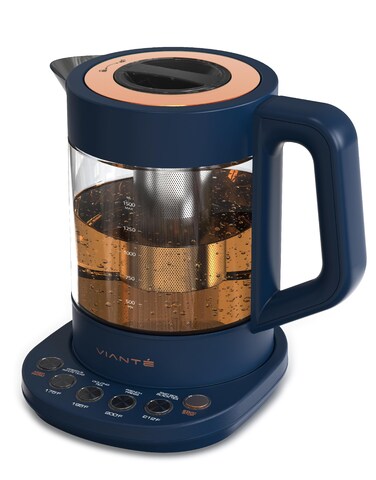 Viant Hot Tea Maker Electric Glass Kettle with tea infuser and temperature control Automatic Shut off Brewing Programs for your favorite teas and Coffee 15 Liters capacity  Midnight Blue Color