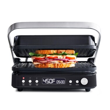 GreenPan 6in1 Multifunction Contact Grill  Griddle Healthy Ceramic Nonstick Reversible Grill  Griddle Plates Dual Heat Settings Closed Panini Press Open Flat Surface PFASFree Matte Black