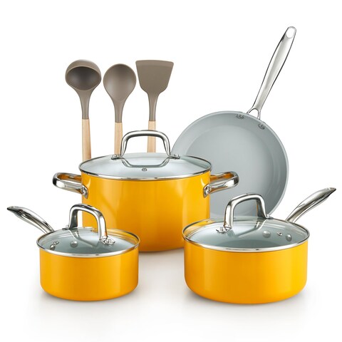 Cook N Home Pots and Pans Set Non Stick 10Piece Hard Anodized Nonstick Healthy Ceramic Cookware Set Induction Cookware Cooking Set with StayCool Handles Nylon Kitchen Utensils Yellow