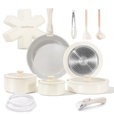 Chef Power Ceramic Nonstick Cookware Set 19pcs Pots and Pans Set Ceramic Induction Kitchen Set Detachable Handle RV Cookware Set DishwasherOven Safe Cream White and Gray
