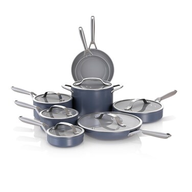 Ninja NeverStick Ceramic Pro 14Piece Cookware Set NonStick Pots  Pans Set with Glass Lids Ceramic Coated Stainless Steel Stove to Oven Safe All Stovetops  Induction Compatible Blue CW39014MM