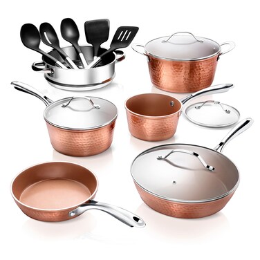 Gotham Steel Hammered 15 Pc Copper Pots and Pans Set Non Stick Kitchen Cookware Sets Pot and Pan Set Ceramic Cookware Set Non Toxic Cookware Set Non Stick Pots and Pan Set Dishwasher Safe