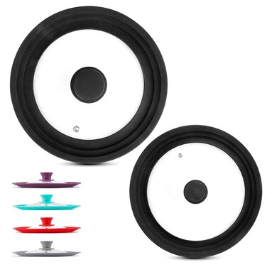 Modern Innovations Universal Lids Set of 2 Fits 7 to 12Inch Cookware Silicone Replacement Pan Lid Glass Top Covers for Skillets Pots Frying Pans Cast Iron CrockPot  Black