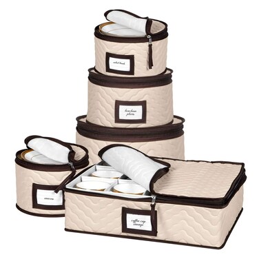 HOLDN STORAGE China Containers 5Piece Set Moving Boxes for Dinnerware Glasses Plates Mugs and Saucers Sturdy Quilted Microfiber Dish Organizer with Dividers for Seasonal  Brown