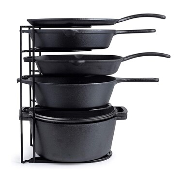 Heavy Duty Pan Organizer Extra Large 5 Tier Rack  Holds Cast Iron Skillets Dutch Oven Griddles  Durable Steel Construction  Space Saving Kitchen Storage  No Assembly Required  Black 154inch