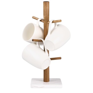Buruis Wood Mug Holder Marble Base Cup Rack Tree Mug Stand Hanger Kitchen Coffee Mug Tree Countertop Tea Cups Holder Stand Coffee Cup Dryer with 6 Hooks