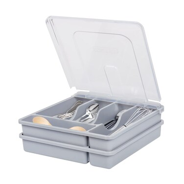 QINOL Silverware Holder with Lid Double Layer Utensil Tray with Cover Large Flatware Organizer Plastic Cutlery Container for Kitchen Drawer Countertop 10 Compartments Grey