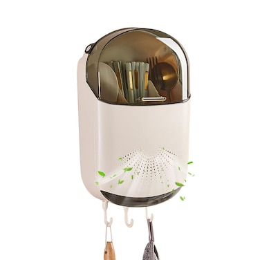 Kitchen Cutlery Drainer Wall Mounted Kitchen Utensil Holder Kitchen Cutlery Storage Box Chopstick Container with Lid Hanging Kitchen Utensil Holder Dustproof Spoon and Chopstick Organizer Drain Racks