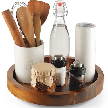 TIDITA 10 Acacia Lazy Susan Organizer for Cabinet  Wood Lazy Susans Turntable for Countertop  Wooden Kitchen Turntable Storage Food Bin Container for Table Spices Fridge Pantry 10 Inch Acacia