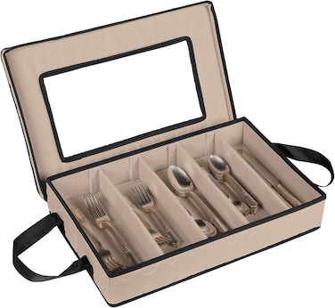 HOLDN STORAGE Flatware Case  Durable 5 Compartment Silverware Container Box with Removable Lid and Easy to Carry Handles  Large Capacity Keeps Your Cutlery Organized  Protected  Brown