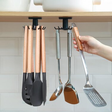 Nmgkokew 2 Pieces Kitchen Utensil Holder 360 Rotating Kitchen Utensils Hook Rack No Drilling Hook Rack for Kitchen Utensils with 6 Hooks Kitchen Tool Holder Rack for KitchenBathroomWardrobe