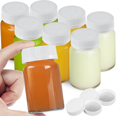 Syntic Juice Shot Bottles Set 25 Oz Glass Ginger Shot Bottles for Juicing Beverage with Press Screw Cap Reusable Leak Proof and Dishwasher Safe 8 Pack