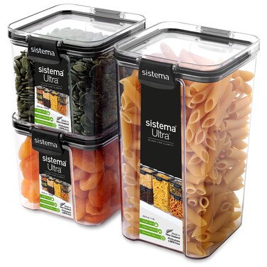 Sistema Ultra Tritan Airtight Pantry  Kitchen Storage Containers  3 Square Plastic Food Containers with Lids 1x 13L  2x 700ml  Stackable  Locking Clips  BPAFree Recyclable with TerraCycle