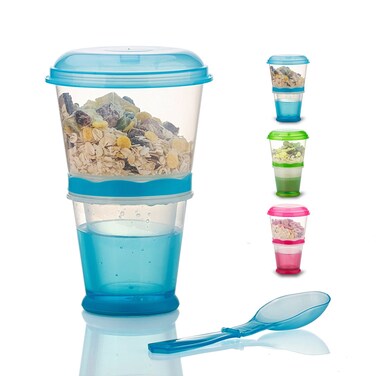 Pogah Cereal On The Go Cup Container Breakfast Drink Milk Cups Portable Yogurt and Travel ToGo Food Containers Storage With SpoonBlue