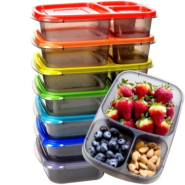 Youngever 7 Pack Bento Lunch Box Meal Prep Containers Reusable 3 Compartment Plastic Divided Food Storage Container Rainbow